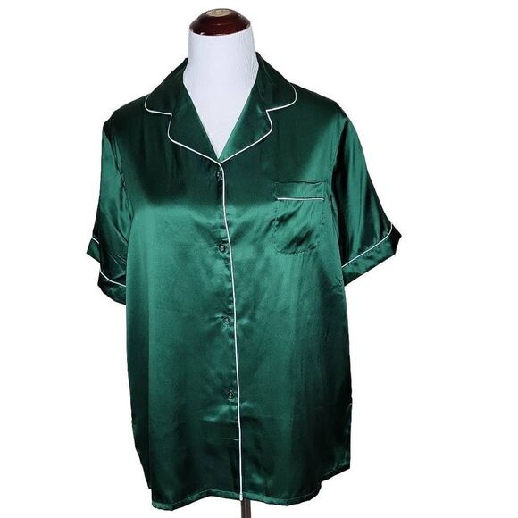 SilkSilky Pure Silk Classic Binding Trim Pajama Top Green - Picture 1 of 9